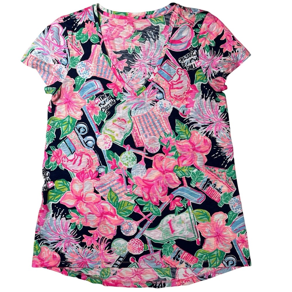 Lilly Pulitzer Etta‎ V-Neck Top Sz XS Honda Classic PGA Golf Pink Print T-Shirt